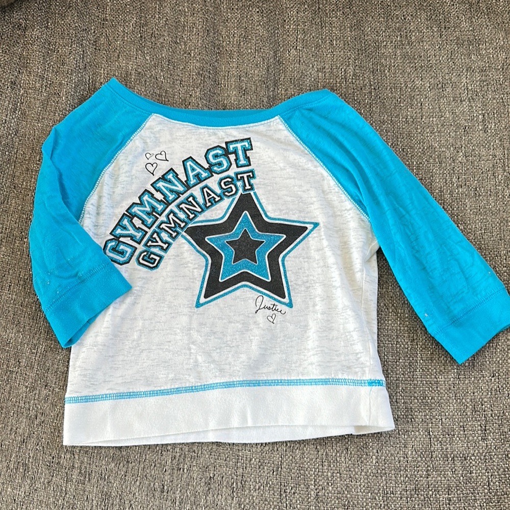 Justice Girls Gray Turquoise Gymnast Raglan 3/4 Sleeve Graphic Tee Shirt Size 8